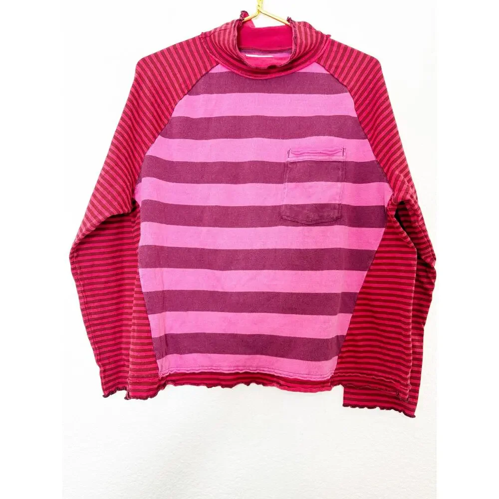 Free People We The Free Punk Playful Tee Size Medium Pink Red Stripes Emo